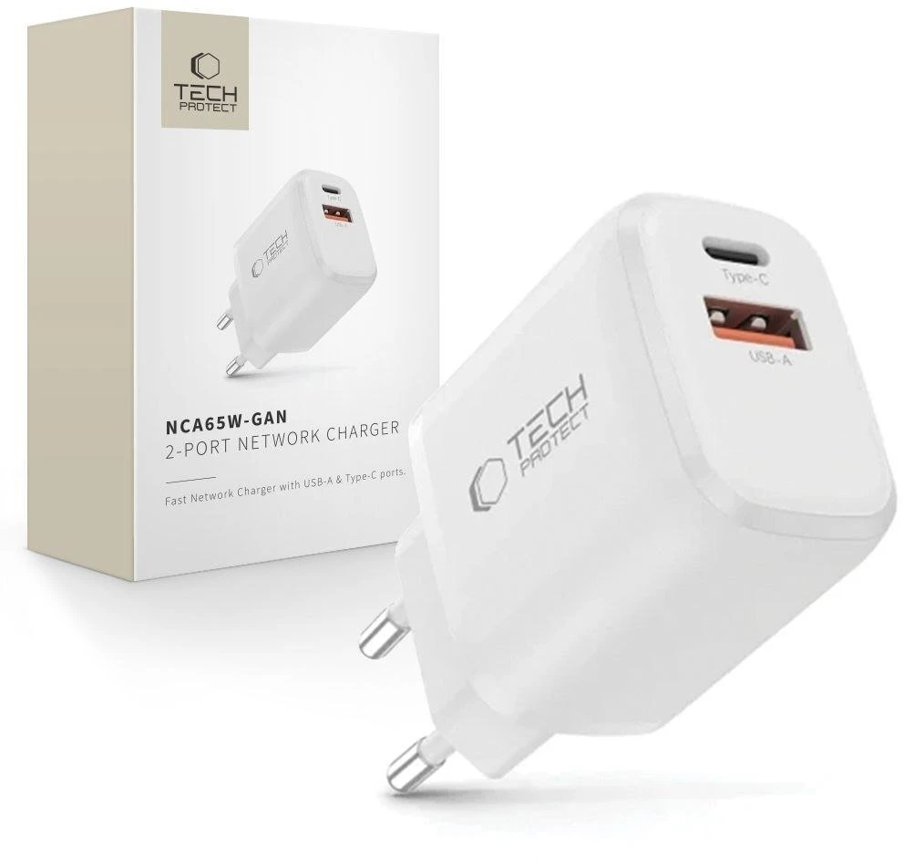 TECH-PROTECT NCA65W-GAN 2 PRIEVADŲ TINKLO ĮKROVIKLIS PD 65W / QC3.0 Baltas
