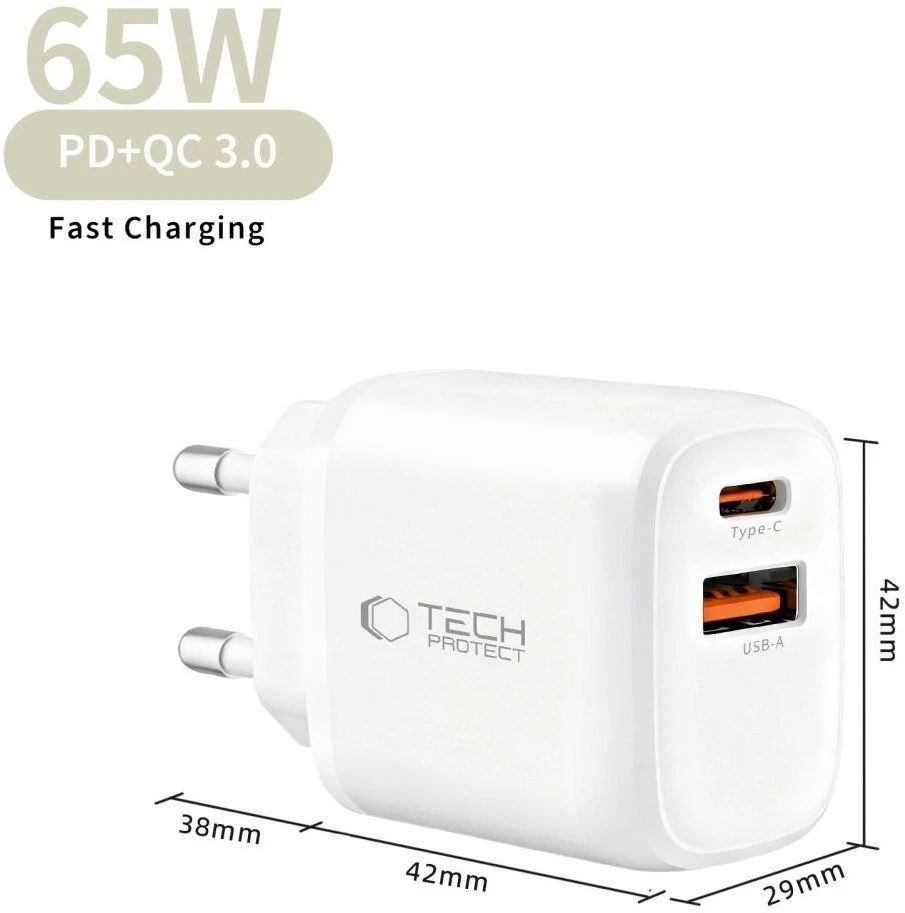 TECH-PROTECT NCA65W-GAN 2 PRIEVADŲ TINKLO ĮKROVIKLIS PD 65W / QC3.0 Baltas