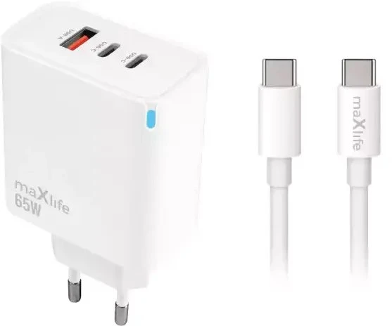 PowerNeed Telforceone Maxlife MXTC-09-65ACC PD QC charger 2x USB-C 1x USB 65W baltas + USB-C - USB-C cable 2.0m 100W