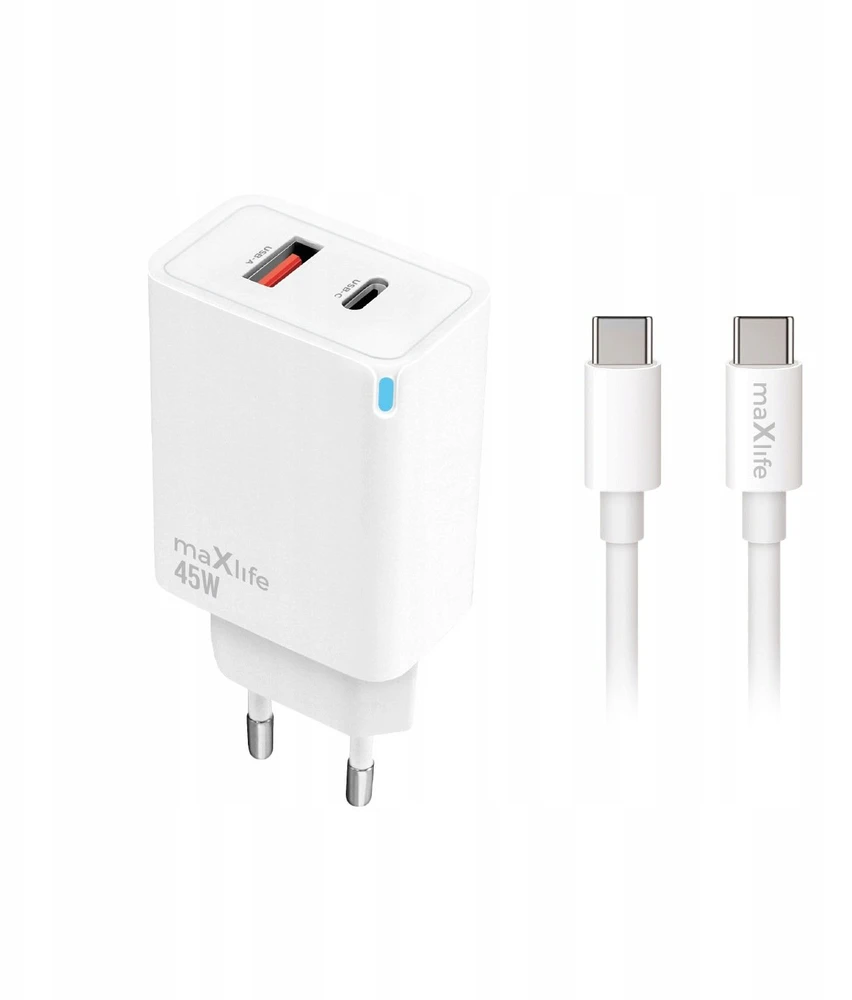 PowerNeed Telforceone Maxlife MXTC-09-45AC PD QC charger 1x USB-C 1x USB 45W baltas + USB-C - USB-C cable 2.0m 60W