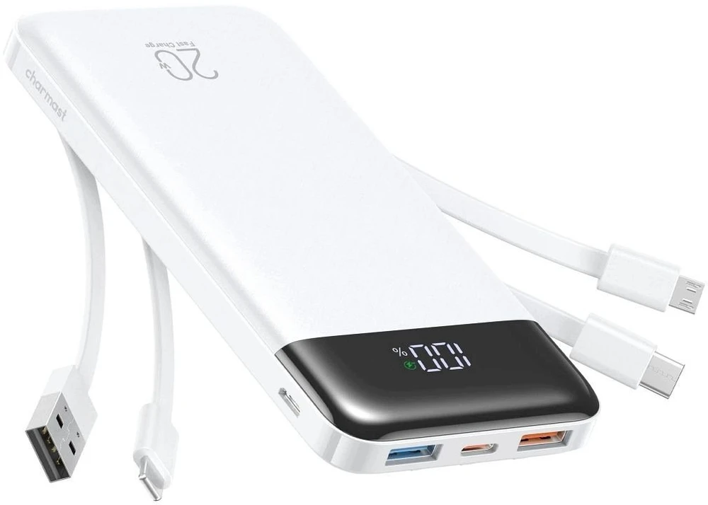 Powerbank Charmast W2065 PD3.0 3A 22,5W 20000 mAh su įtaisytais laidais USB A / USB C / Lightning / Micro USB Baltas