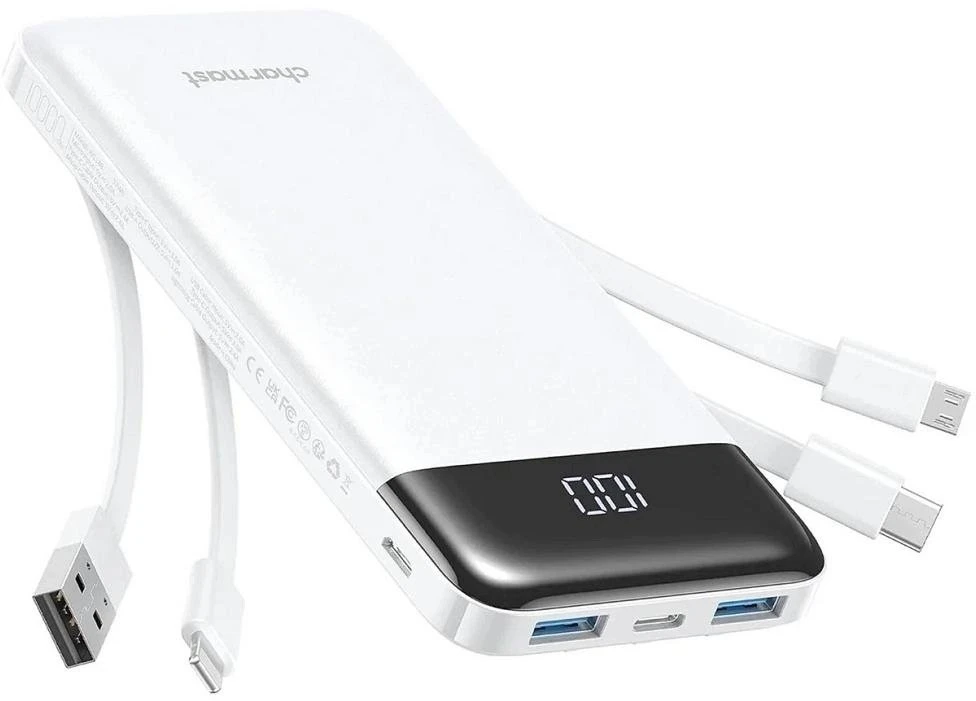 Powerbankas Charmast W1148 5V 3A 10000 mAh su įmontuotais laidais USB A / USB C / Lightning / Micro USB Baltas