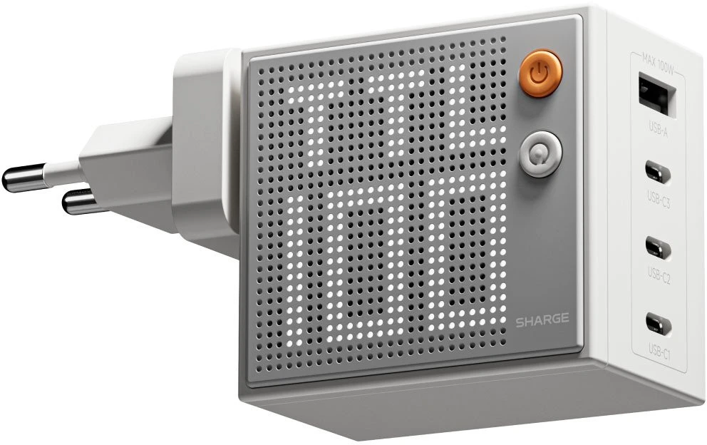 Įkroviklis PowerNeed SHARGE Pixel 100 GaN, 100 W, 3x USB-C, 1x USB-A – baltas (CDT-SG-100-EUR-DZP-BAI)