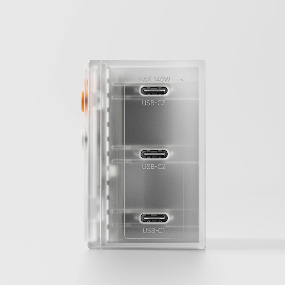 Įkroviklis PowerNeed SHARGE Pixel 140 GaN Charger, 140W, 3x USB-C, Dot Matrix Ekranas - pilkas (CDT-SG-140-EUR-DZP-HUI)