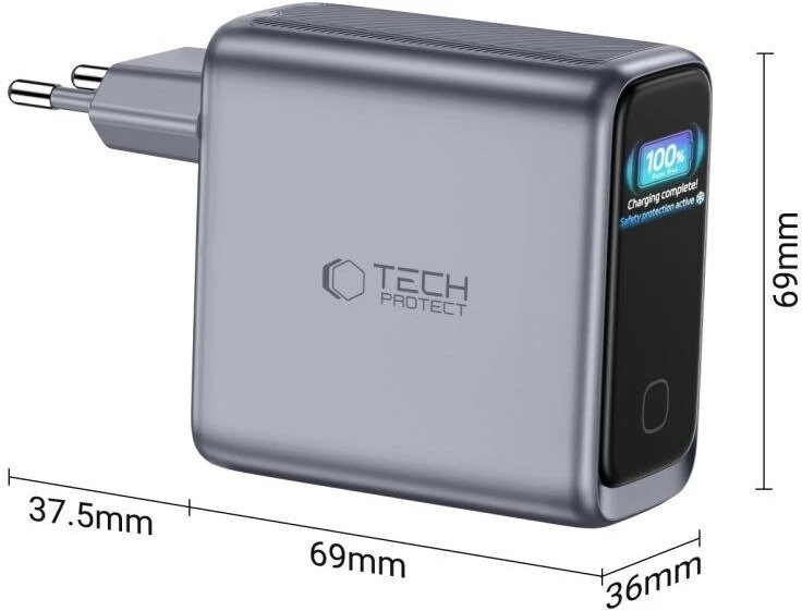 Tech-Protect POWERVISION NC140W-GAN 4 prievadų tinklo įkroviklis PD 140W / QC3.0 tamsiai pilkas