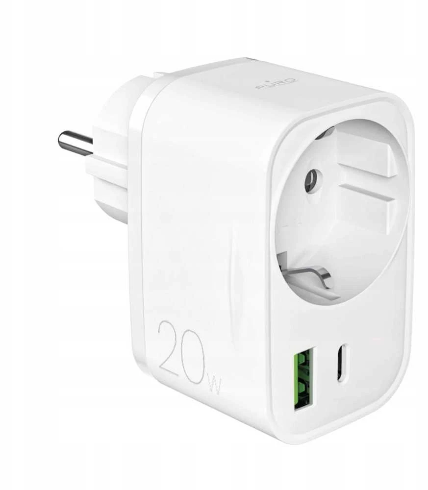 Puro 20W maitinimo įkroviklis su Schuko kištuku ir lizdu, 1x USB-C + 1x USB-A, baltos spalvos
