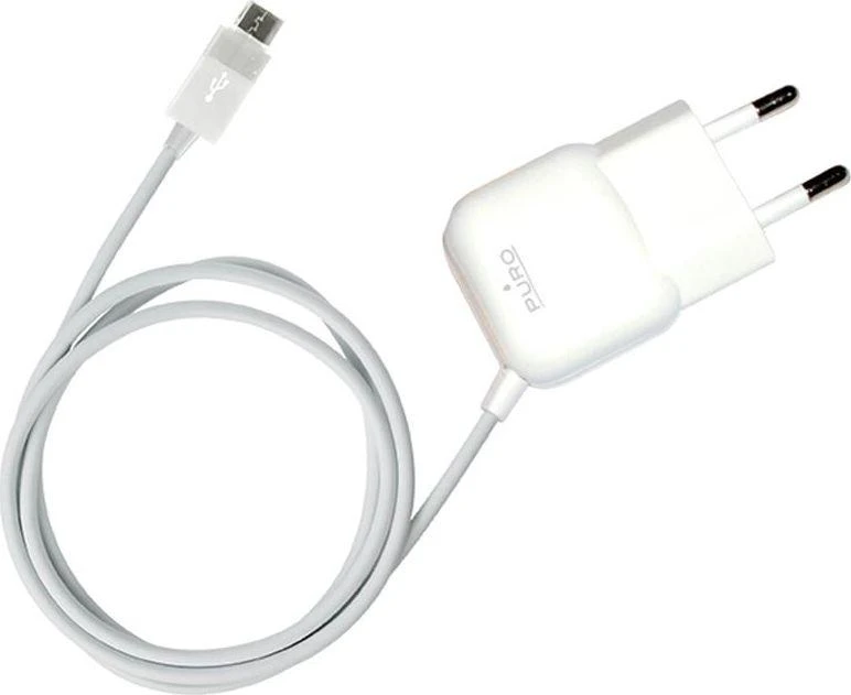 PURO Mini kelioninis įkroviklis - Portable laidinis įkroviklis su Micro USB Cable baltos spalvos