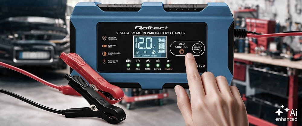 Qoltec Protingas įkroviklis 12V 10A | Įkroviklis su atkūrimo funkcija | MCU | Auto OFF | 9 pakopų įkrovimas | AGM GEL LiFePO4