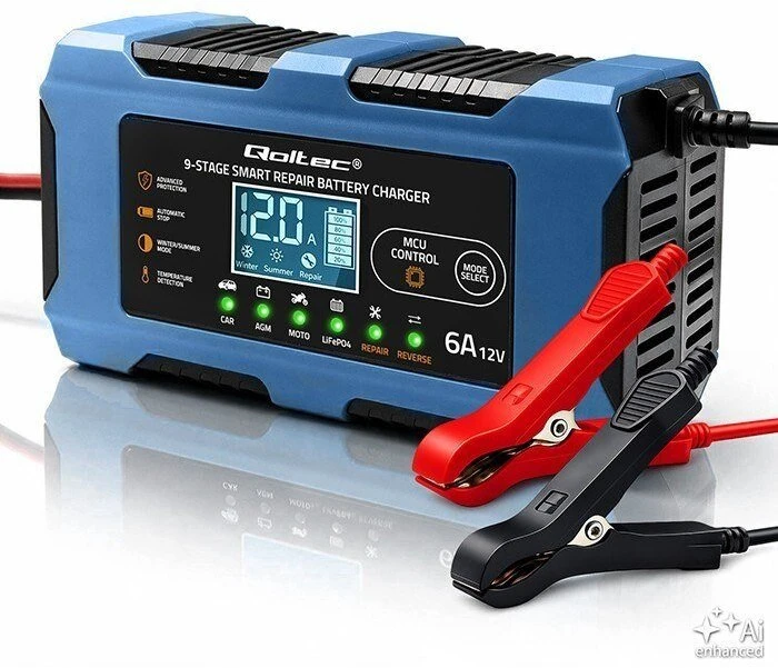 Qoltec Protingas įkroviklis 12V 6A | Įkroviklis su atkūrimo funkcija | MCU | Automatinis išjungimas | 9 pakopų įkrovimas | AGM GEL LiFePO4