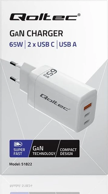 Adapteris Įkroviklis tinklo 65w gan 5-20v 3-3.35a 2 x usb-c pd 1 usb qc 3.0 baltas Qoltec