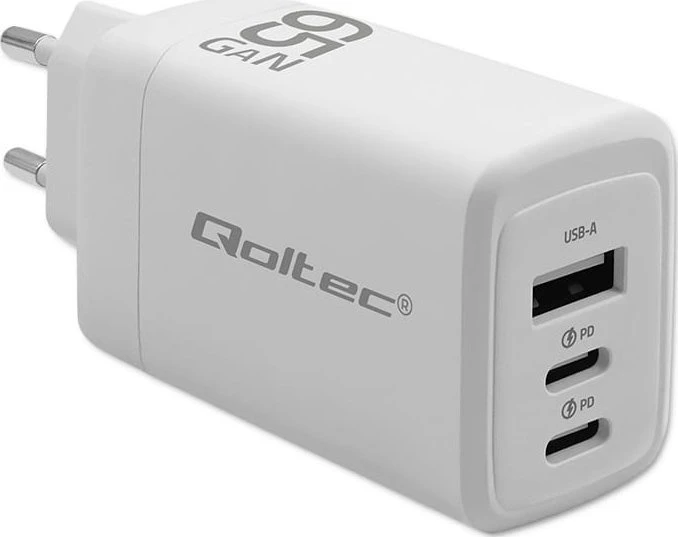 Adapteris Įkroviklis tinklo 65w gan 5-20v 3-3.35a 2 x usb-c pd 1 usb qc 3.0 baltas Qoltec