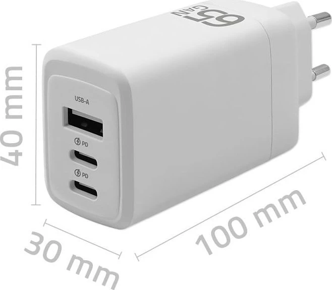Adapteris Įkroviklis tinklo 65w gan 5-20v 3-3.35a 2 x usb-c pd 1 usb qc 3.0 baltas Qoltec