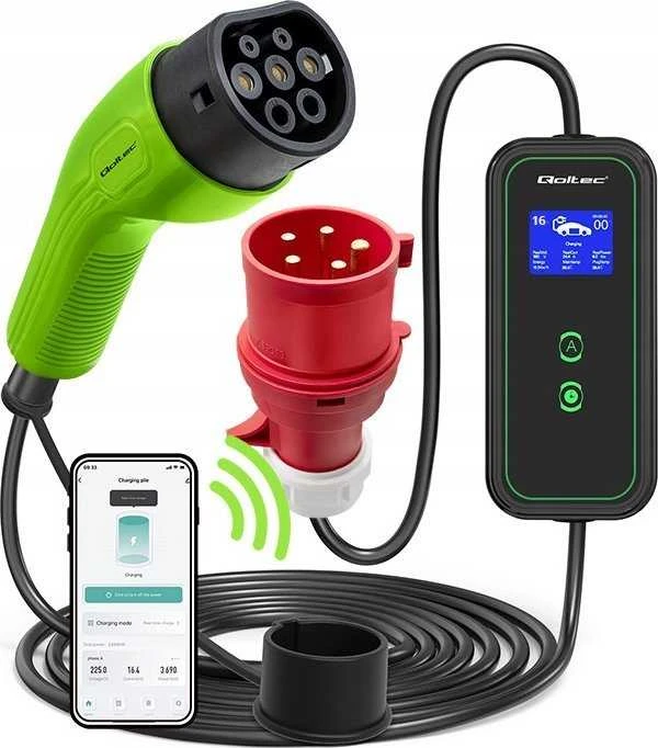 Qoltec mobilus įkroviklis elektromobiliui EV su reguliavimu 2 in 1, Type 2 | 11 kW | Wi-Fi | LCD | 3 fazės | 5 m
