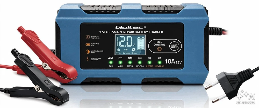Qoltec Protingas įkroviklis 12V 10A | Įkroviklis su atkūrimo funkcija | MCU | Auto OFF | 9 pakopų įkrovimas | AGM GEL LiFePO4
