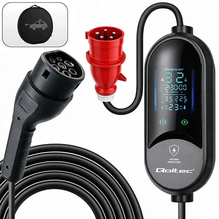Qoltec Mobilusis elektromobilio ir hibrido įkroviklis su reguliavimu 2in1 Typ2 | 7kW | 230V | CEE 32A | LED | 5m