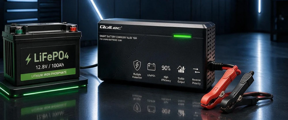 Qoltec Specjalistyczna kroviklis do akumulatora LiFePO4 12V | 10A | PF 0.9 | LED | Inteligentne ładowanie