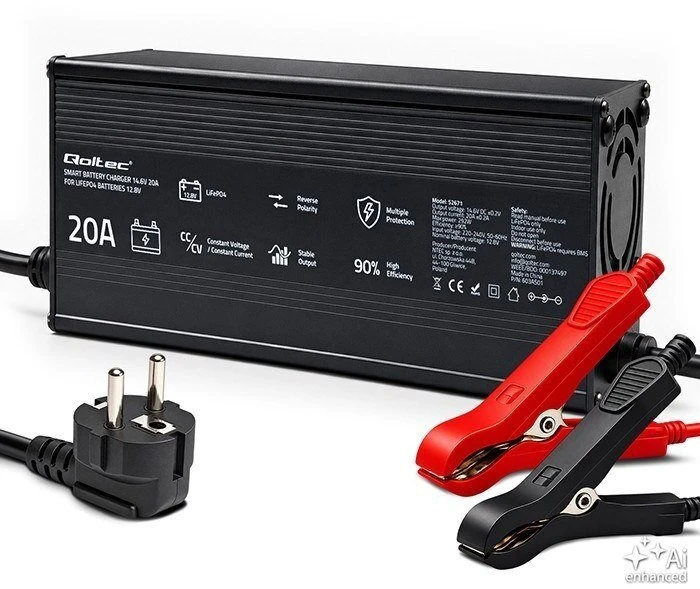 Qoltec Specializuotas LiFePO4 akumuliatoriaus įkroviklis 12V | 20A | PF 0.9 | LED | Protingas įkrovimas