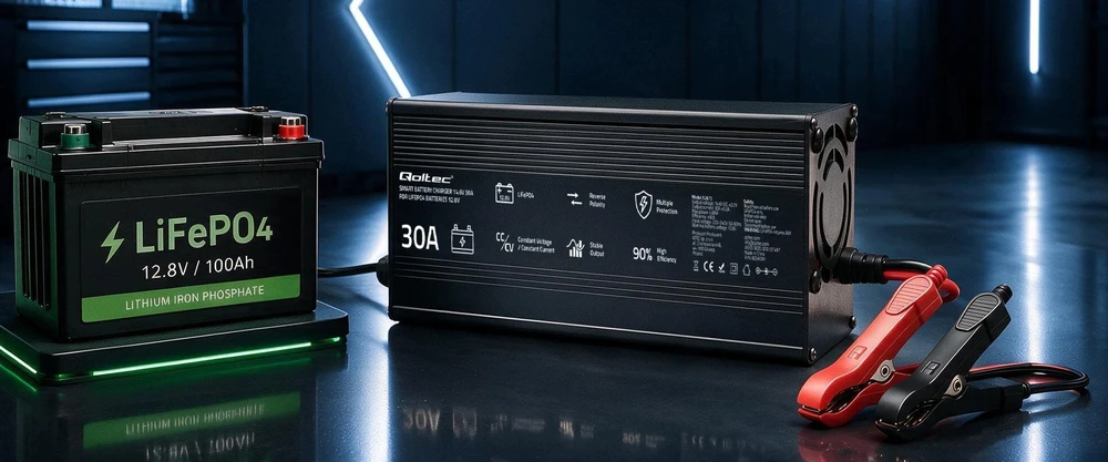 Qoltec 52672 12 V LiFePO4 akumuliatorių įkroviklis | 30 A | PF 0.9