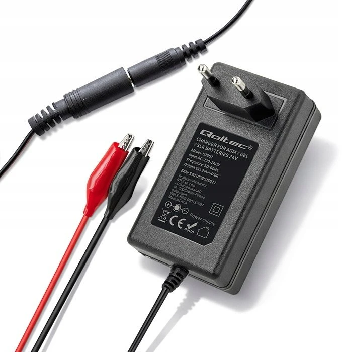 Qoltec Automatinis AGM GEL STD baterijų įkroviklis 24V 19.2W 5.5x2.1 1.8m kabelis