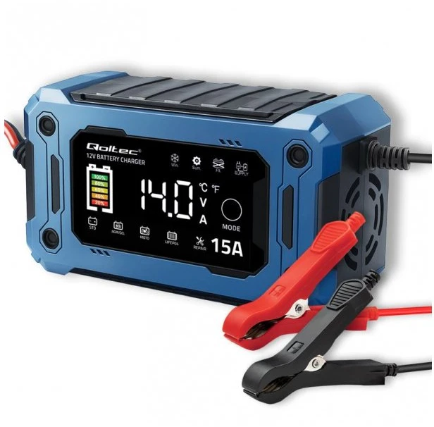 Qoltec 52496 įkroviklis 12V 15A | Lygintuvas su remonto funkcija ir maitinimo palaikymu keičiant akumuliatorių | skirtas AGM GEL LiFePO4 | LCD