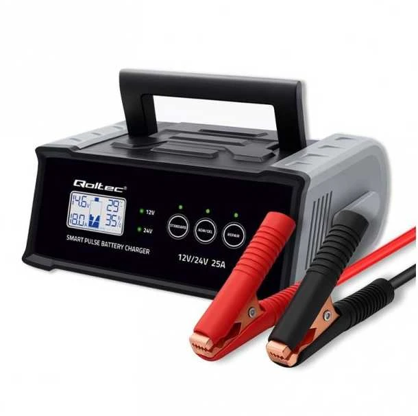 Qoltec 52514 Įkroviklis 12V 24V 25A | Lygintuvas su remonto funkcija AGM GEL SLA akumuliatoriui | LCD ekranas