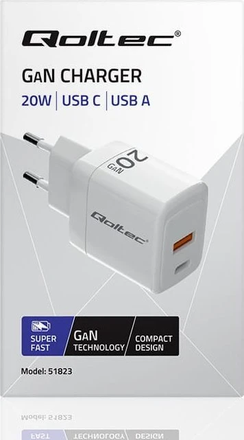 Adapteris Įkroviklis tinklo 20w gan 5-20v 1.5-3a 1 x usb-c pd usb qc 3.0 baltas Qoltec