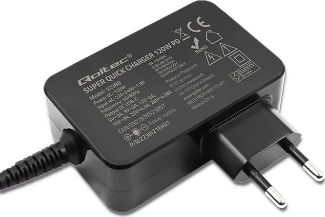 Qoltec 120W Turbo PD | 5-28V | 3-4.5A | USB-C | Nešiojamas kompiuteris | Išmanusis telefonas | Juoda