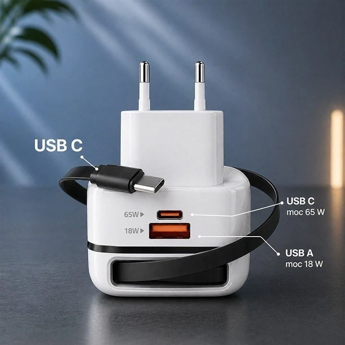 Qoltec 65W GaN greitas USB-C PD įkroviklis su kabeliu