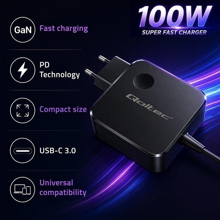 Qoltec 100W GaN Super Fast | USB-C PD | 5-20V | 3-5A | Nešiojamas kompiuteris | MacBook | Išmanusis telefonas | + kabelis 1.8m
