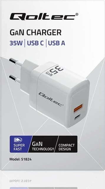 Qoltec 35W GaN| 5-20V | 1.5-3A | 1 x USB-C PD | 1 x USB QC 3.0 | Balta