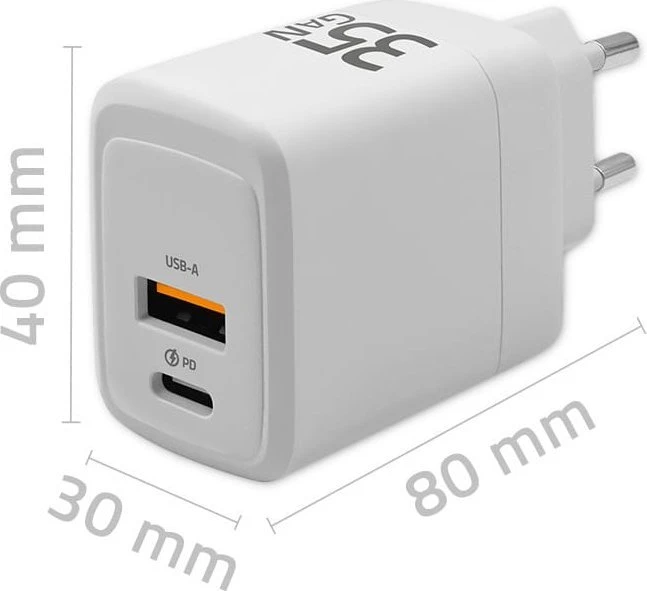 Qoltec 35W GaN| 5-20V | 1.5-3A | 1 x USB-C PD | 1 x USB QC 3.0 | Balta