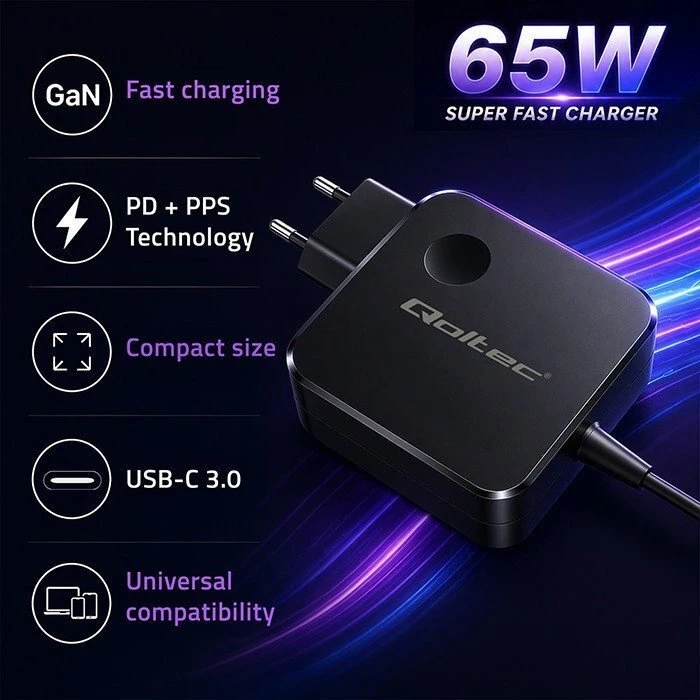 Qoltec 65W GaN Super Fast | USB-C PD PPS | 5-21V | 3-3.25A | Nešiojamas kompiuteris | MacBook | Išmanusis telefonas