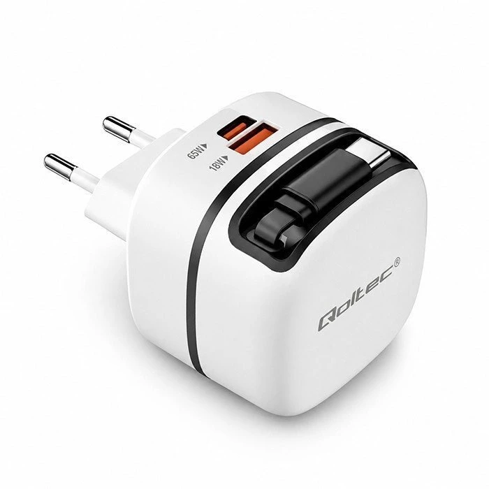 Qoltec 65W GaN greitas USB-C PD įkroviklis su kabeliu
