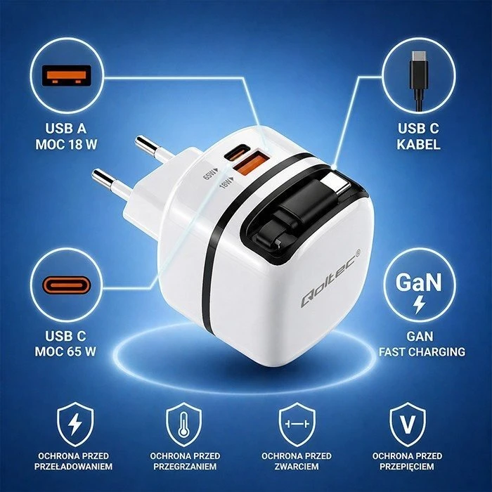 Qoltec 65W GaN greitas USB-C PD įkroviklis su kabeliu