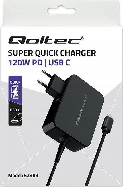 Qoltec 120W Turbo PD | 5-28V | 3-4.5A | USB-C | Nešiojamas kompiuteris | Išmanusis telefonas | Juoda