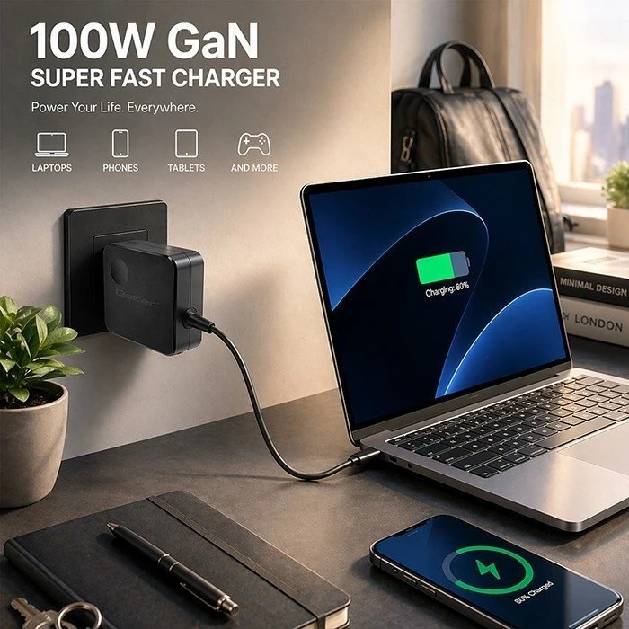 Qoltec 100W GaN Super Fast | USB-C PD | 5-20V | 3-5A | Nešiojamas kompiuteris | MacBook | Išmanusis telefonas | + kabelis 1.8m