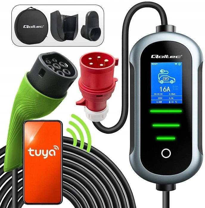 Qoltec 52721 Mobilus elektromobilio įkroviklis su 2in1 2 tipo reguliavimu | 7kW | 230V | CEE 32A | Wifi | TUYA | SMART LIFE | LCD | Nešiojamas | Sieninis įkrovimo įrenginys | 5m