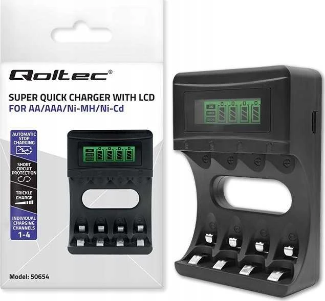 Qoltec Ni-MH AAA AA baterijų įkroviklis su LCD ir USB kabeliu