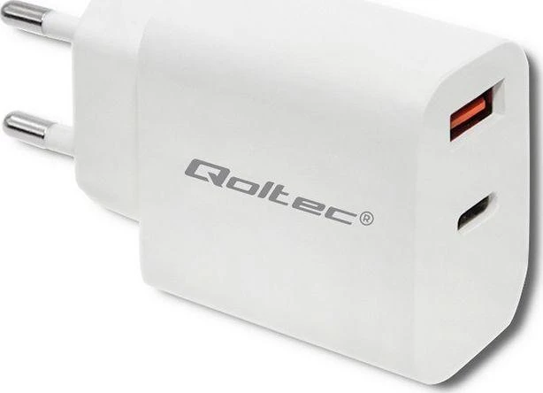 QOLTEC 51714 Įkroviklis 18W 5-12V 1.5-3A USB tipas C PD USB QC 3.0 Baltas