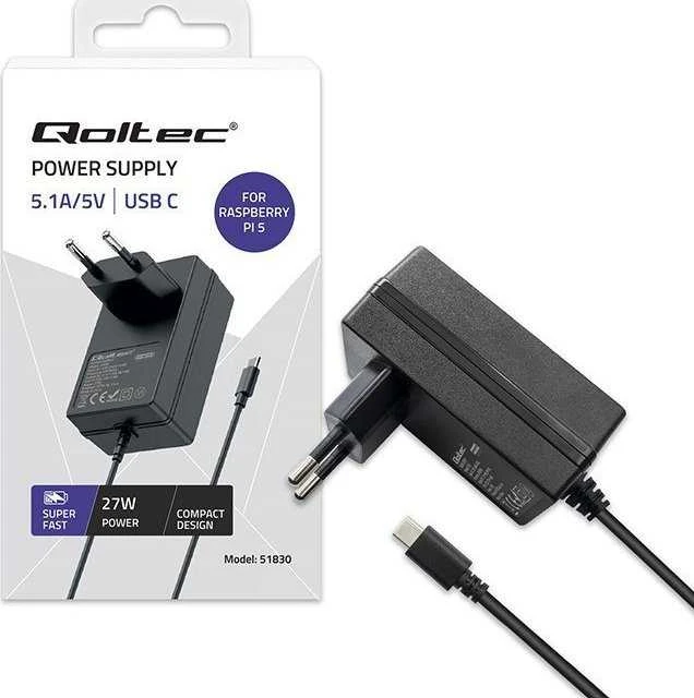 Qoltec Įkroviklis Super FAST PD do Raspberry PI 5 | USB-C | 27W | 5.1V | 5A | Juoda