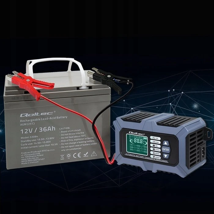 Qoltec Intelektualus mikroprocesorius kroviklis su akumuliatoriaus testeriu ir 12V remonto funkcija | 6A | LCD | AGM LiFePO4 GEL akumuliatoriaus įkroviklis