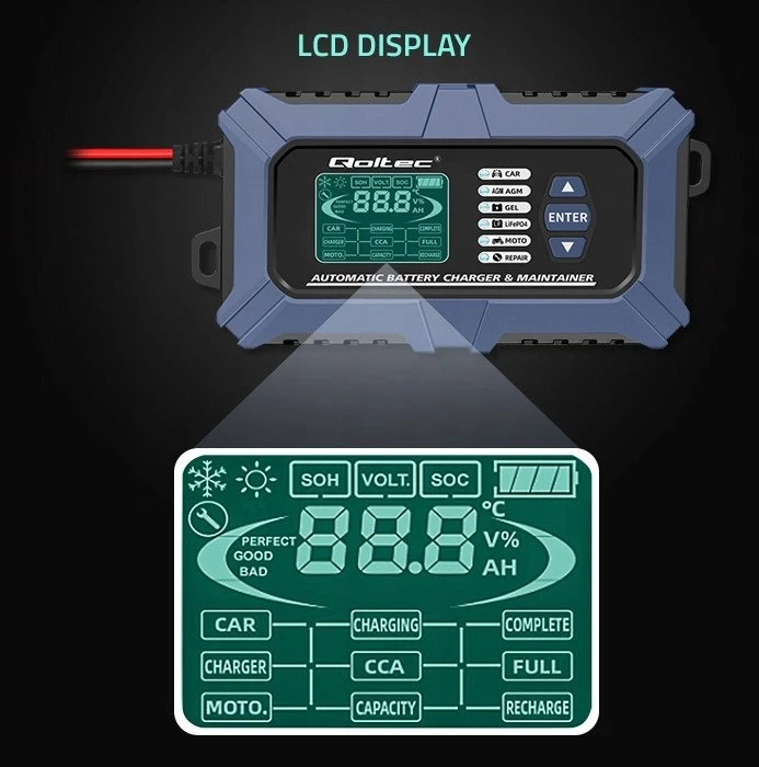 Qoltec Intelektualus mikroprocesorius kroviklis su akumuliatoriaus testeriu ir 12V remonto funkcija | 6A | LCD | AGM LiFePO4 GEL akumuliatoriaus įkroviklis