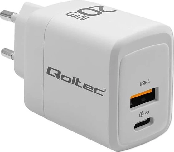 Adapteris Įkroviklis tinklo 20w gan 5-20v 1.5-3a 1 x usb-c pd usb qc 3.0 baltas Qoltec