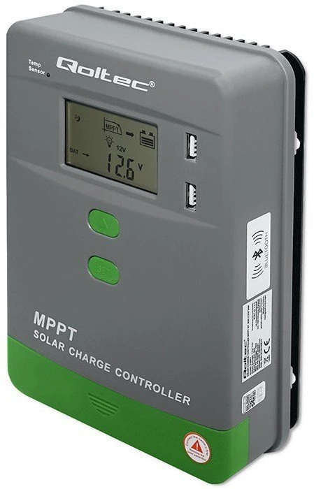 Qoltec 53662 Saulės įkrovimo valdiklis MPPT su temperatūros jutikliu 30A | 12V / 24V | LCD | 2x USB