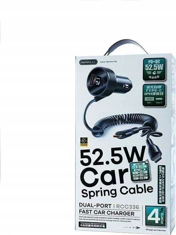 Automobilinis įkroviklis REMAX RCC336 52.5W su USB-C + Lightning spyruokliniu kabeliu, greitas