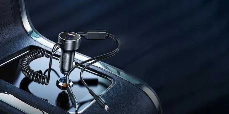 Automobilinis įkroviklis REMAX RCC336 52.5W su USB-C + Lightning spyruokliniu kabeliu, greitas
