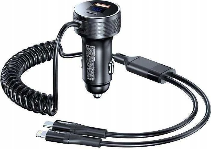 Automobilinis įkroviklis REMAX RCC336 52.5W su USB-C + Lightning spyruokliniu kabeliu, greitas