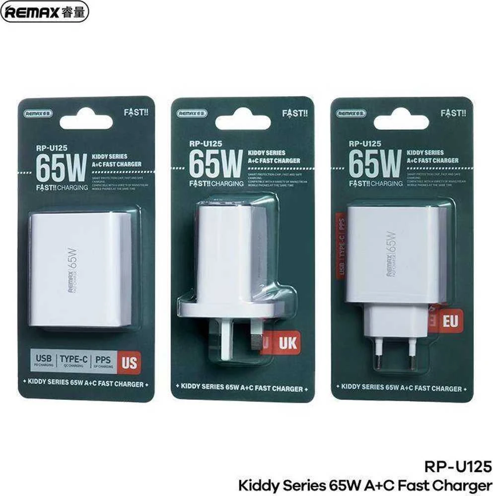 Tinklo įkroviklis 65W USB + USB-C Remax Kiddy Series RP-U125 baltos spalvos