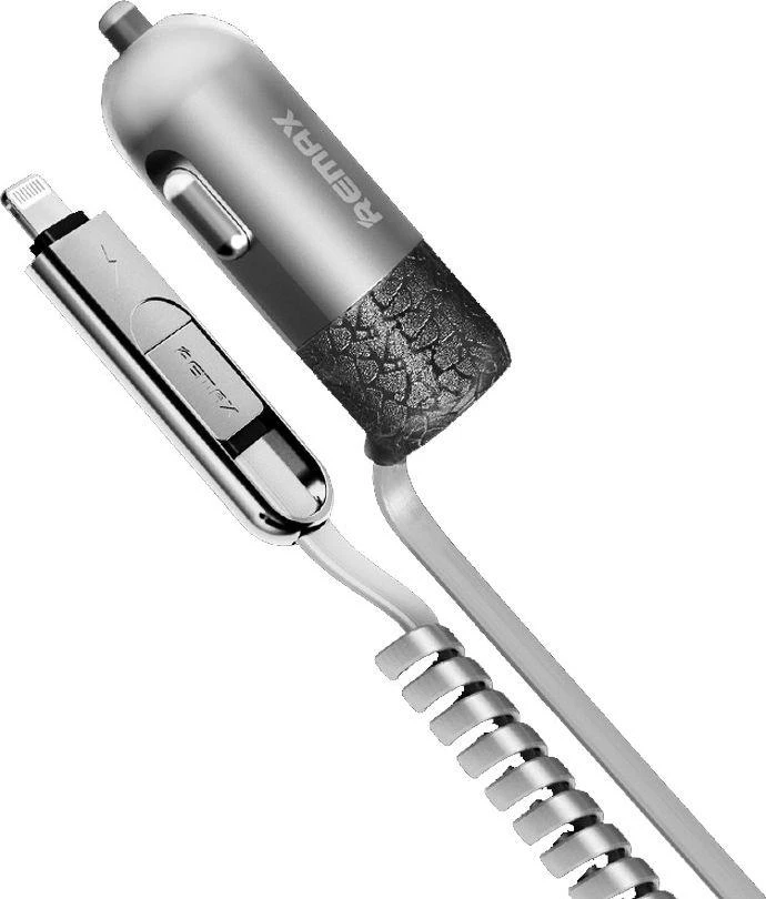 REMAX automobilinis įkroviklis RCC-103 Finchy – USB – 3,4A su „Lightning“ + „MicroUSB“ laidu, sidabrinis
