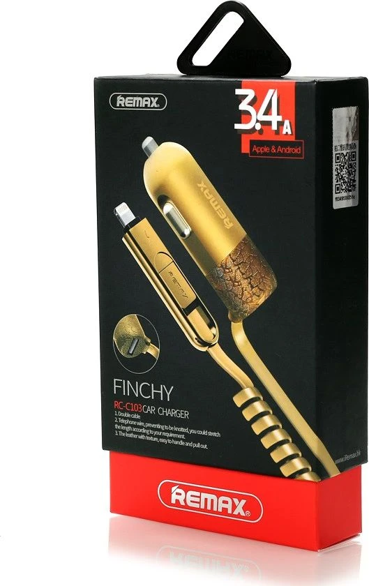 Remax RC-C103 3in1 3.4A automobilinis 12V/24V įkroviklis su Lightning / Micro USB silikoniniu laidu / USB kištuku Golden Golden